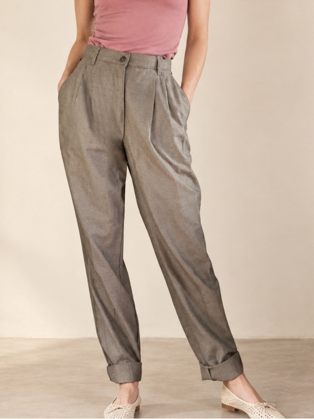 Vintage 90s Wrangler Riata Brown Check Pleated High Rise Cotton Trousers 10x34